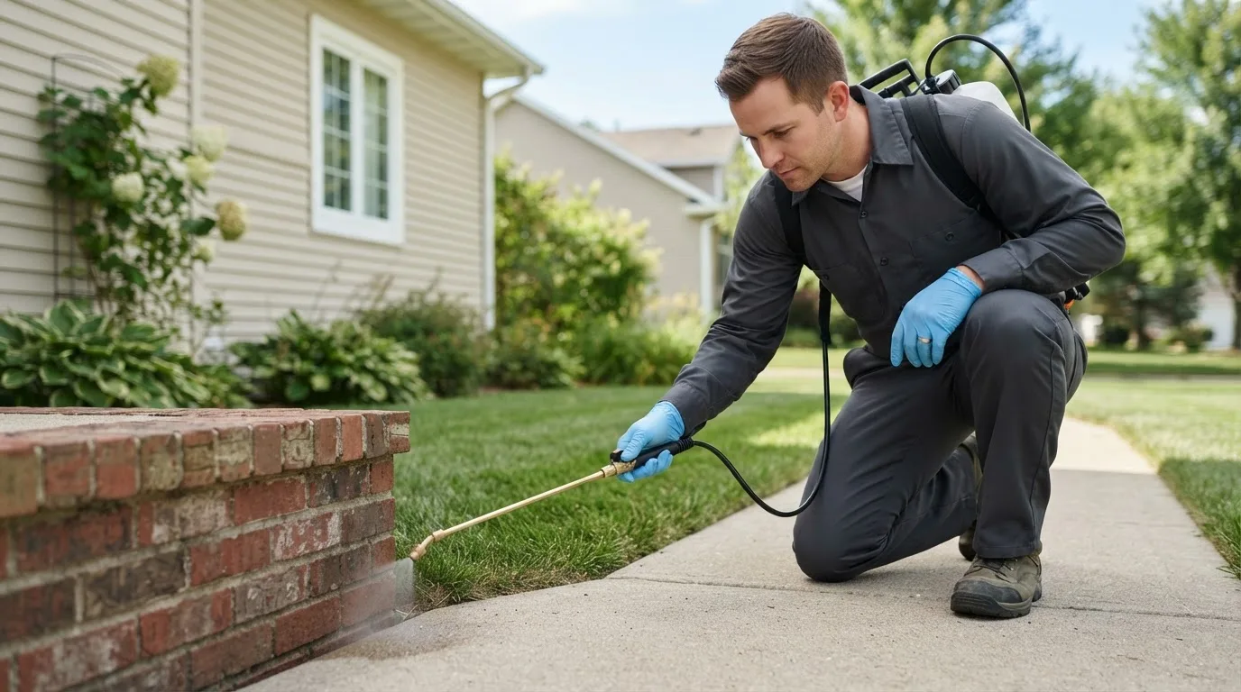 Pest control technician treating a home near New Plymouth, OH