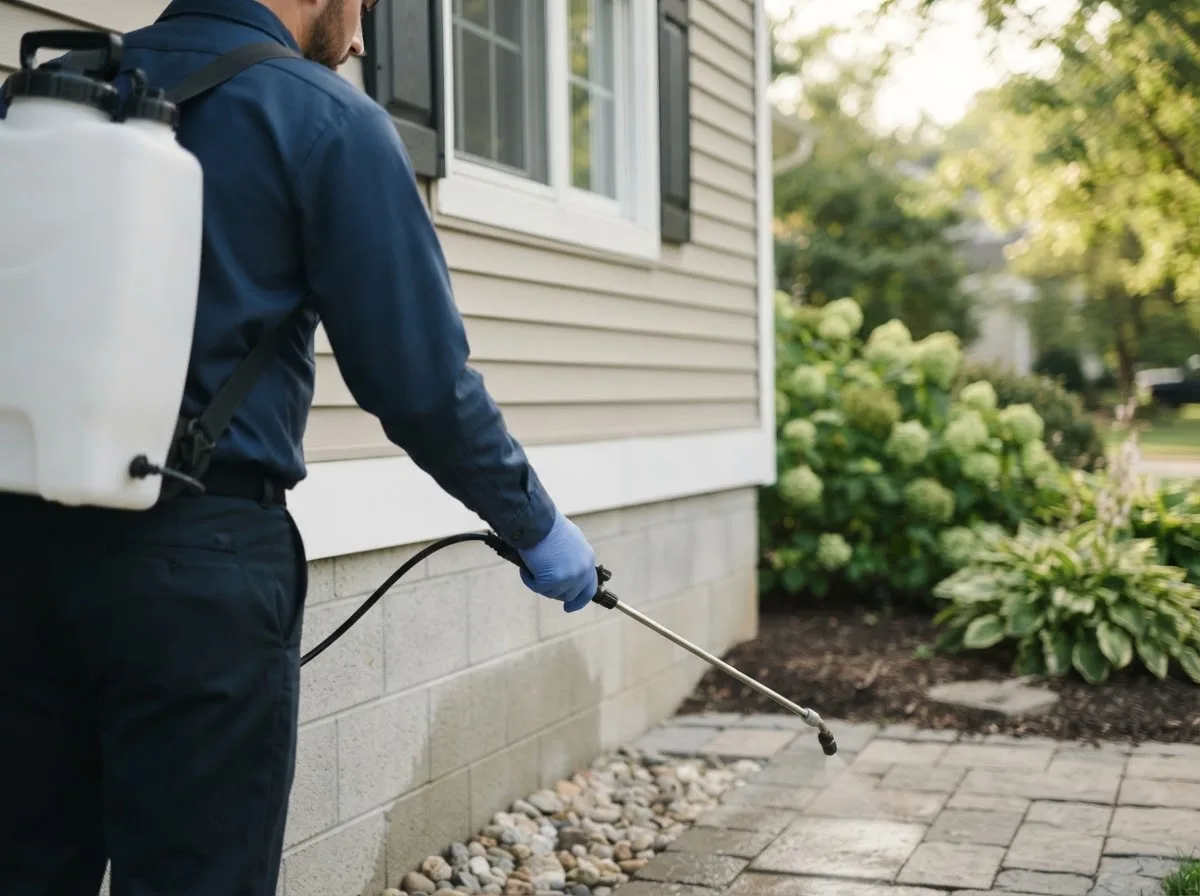 Pest control technician inspecting a home in New Plymouth, OH